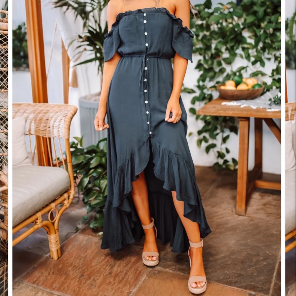Off-Shoulder Navy High-Low Maxi Dress with Button Front